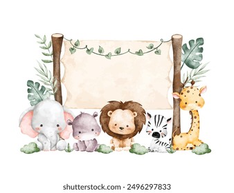 Watercolor Illustration Wooden Board and Safari Animals