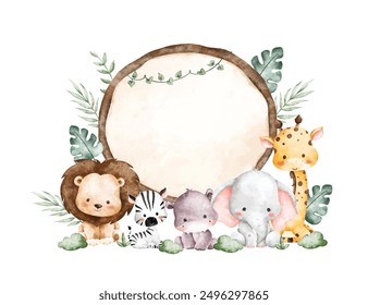 Watercolor Illustration Wooden Board and Safari Animals