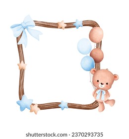 Watercolor illustration wooden frame with cute baby teddy bear and balloons