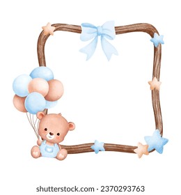 Watercolor illustration wooden frame with cute baby teddy bear and balloons