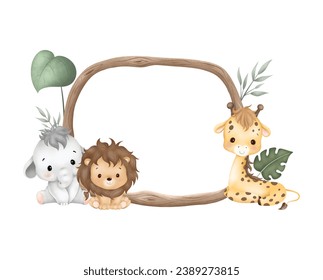 Watercolor Illustration wooden frame with cute baby safari animals sit on green grass and tropical leaves