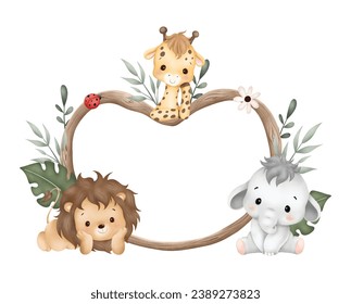 Watercolor Illustration wooden frame with cute baby safari animals sit on green grass and tropical leaves