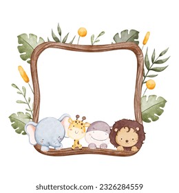 Watercolor illustration wooden frame with safari animals