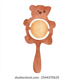 Watercolor illustration of wooden rattle bear for babies with soft natural colors ideal for playtime. Composition isolated from the background. Perfect for welcome newborn, invitation, cards, printing