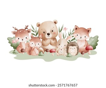 Watercolor Illustration Woodland Animals and Nature Elements