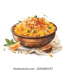 Watercolor illustration of yellow briyani rice asian dish