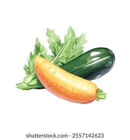 A watercolor illustration of a yellow carrot, zucchini, and leafy greens.