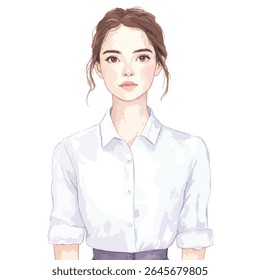Watercolor illustration of a young woman with brown hair styled up, wearing a white button-down shirt and a purple skirt, facing forward.