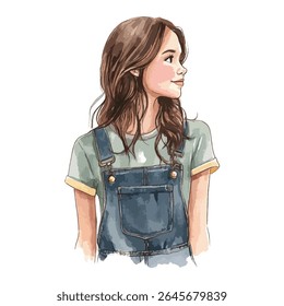 A watercolor illustration of a young woman with brown hair, wearing a green shirt and denim overalls, looking to the side.