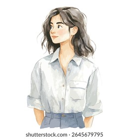 Watercolor illustration of a young woman with wavy dark hair, wearing a light blue button-down shirt and blue skirt, looking to the left.