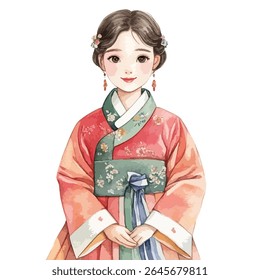 Watercolor illustration of a young woman wearing a traditional Korean Hanbok dress with floral hair accessories and delicate drop earrings.
