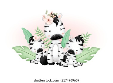 Watercolor illustration zebra family and tropical leaves