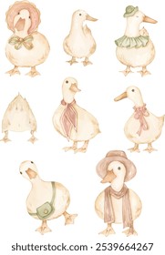 Ilustraciones de acuarela de una colección de patos lindos