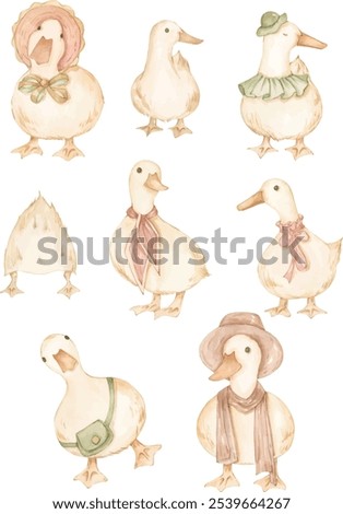 Watercolor illustrations of a collection of cute ducks