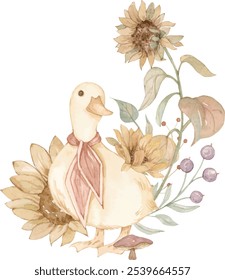 Aquarela ilustrações de patos bonitos, flores e plantas