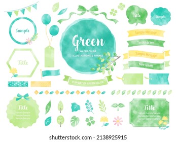 Watercolor illustrations and frames in tender green colors