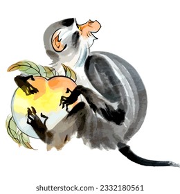 Watercolor illustrations of funny monkey with peach.
