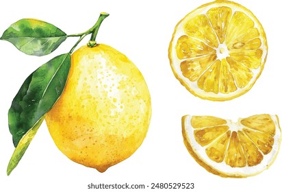 watercolor illustrations of lemons. Hand painted ripe lemon branches with green leaves on a white background for your design.