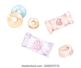 Watercolor illustrations of packaged candies and circle candies