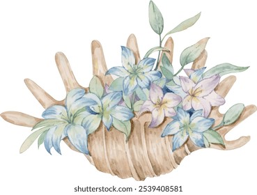 Watercolor illustrations of shells and flowers

