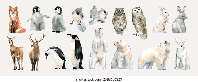 Watercolor illustrations of various animals, including foxes, penguins, owls, deer, polar bears, and rabbits. Diverse animal art, watercolor style. Animal illustrations, isolated vector set.