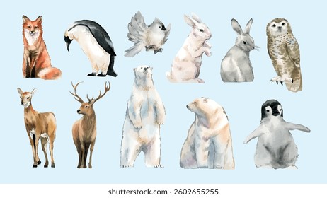 Watercolor illustrations of various animals including a fox, penguin, dove, rabbits, owl, deer, polar bears, and penguin chick on a light blue background. Animal illustrations, isolated vector set.
