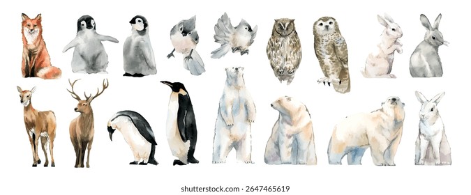Watercolor illustrations of various animals including foxes, penguins, owls, and polar bears. Cute and diverse wildlife art in soft, natural tones. Animal illustrations, isolated vector set.