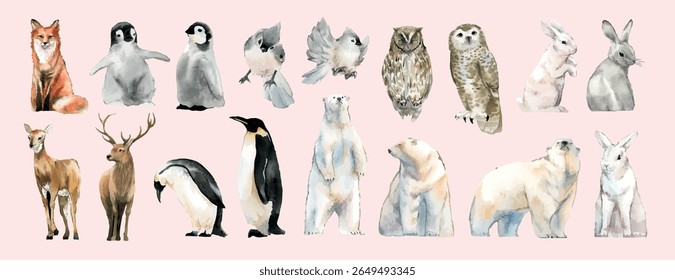 Ilustrações em aquarela de vários animais, incluindo raposas, pinguins, corujas, veados e ursos polares, tudo em uma paleta de cores pastel. Ilustrações de animais, conjunto de vetores isolados.