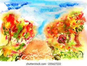 Watercolor image of autumn path in park with colored trees.Vector eps8