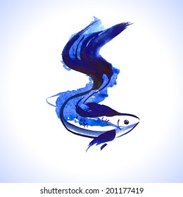 watercolor image of blue fish, vector