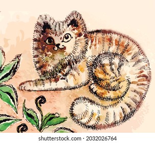 Watercolor image of a fluffy cat lying among green leaves on a cream background with graphic lines