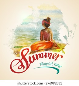 Watercolor image of a girl on the beach 