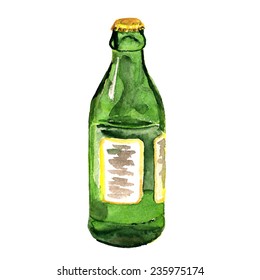 Watercolor image of green glass bottle on white background. Vector eps8