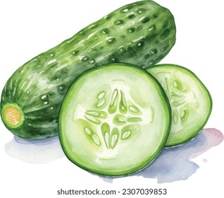 Imagen acuarela de la mitad del pepino sobre fondo blanco. Vector