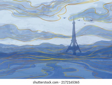 Imagen acuarela del paisaje de Francia. Resumen del paisaje urbano de París con la torre Eiffel. Ilustración vectorial del panorama moderno de la tinta de silueta.