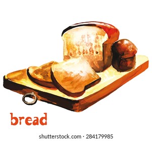 Watercolor image of rye bread on a cutting board with slices of bread