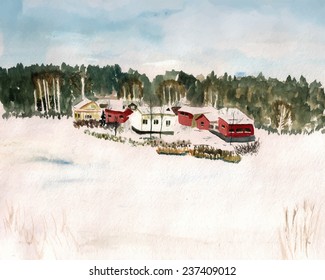 Watercolor image of winter landscape with finland village. Vector eps8