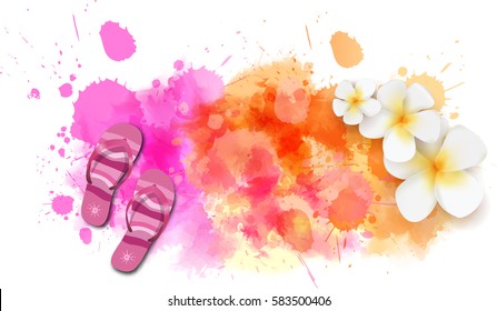 Watercolor imitation background with flip-flops and tropical flowers. Orange and pink colored. Vector illustration.