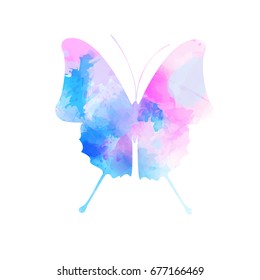 Watercolor imitation butterfly in pink and blue colors. Vector illustration. 