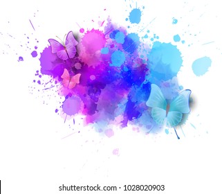 Watercolor imitation color splash with butterflies. Design element background.