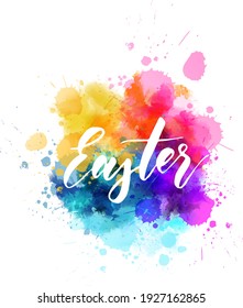 Imitación de acuarela Fondo de Pascua. Pascua - escritura caligráfica moderna a mano. Resumen del fondo de las salpicaduras de acuarela. 