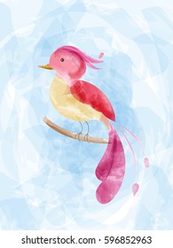 Watercolor imitation - a fairy bird sits on a branch