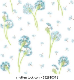 Watercolor imitation, hand drawn seamless pattern with spring tender flowers - dandelions and seeds on the white background
