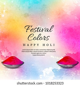 Watercolor imitation multicolored background with "Happy Holi" festival design