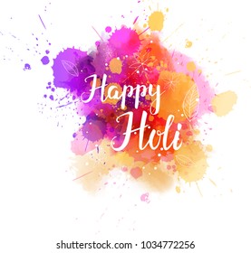 Watercolor imitation multicolored background with "Happy Holi" handwritten modern calligraphy message. Indian spring festival. Vector illustration.