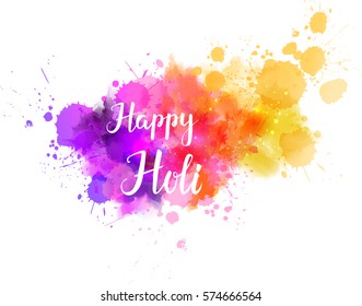 Watercolor imitation multicolored background with "Happy Holi" handwritten message. Indian spring festival. Vector illustration.