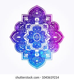 Watercolor Indian rug paisley ornament pattern. Ethnic Mandala towel, yoga mat. Vector Henna tattoo style. Can be used for textile, greeting business card background, coloring book, phone case print