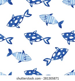 Watercolor indigo blue ocean fishes pattern on the white background. Seamlessly tiling fish pattern. Vector.
