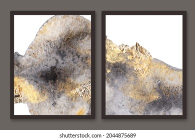 Watercolor, ink abstract art. Hand painted blots in grey and golden colors. Gold foil texture. Abstract design for wall decoration, poster, wall arts, cover, postcards, brochure.