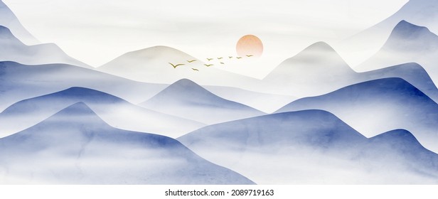 Watercolor ink art background with mountains and hills at sunset or sunrise. Landscape banner in oriental style paints for interior decoration, design, print